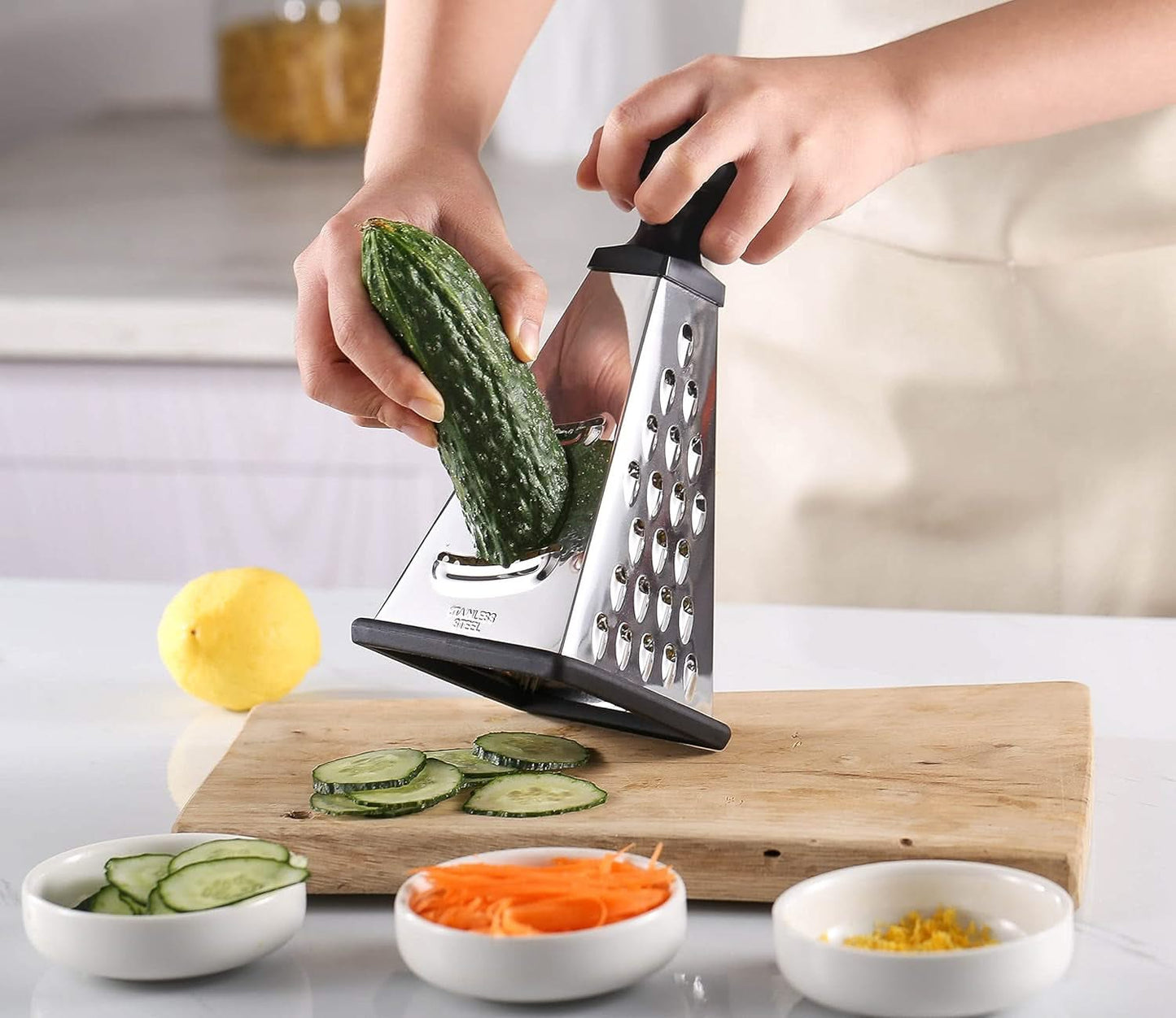 Multifunctional Stainless Steel 4-Sided Pyramid Kitchen Grater with Non-Slip Base and Ergonomic Handle – Ideal for Grating, Slicing, and Zesting Fruits, Vegetables, Cheese, and Garlic(Silver, Black)