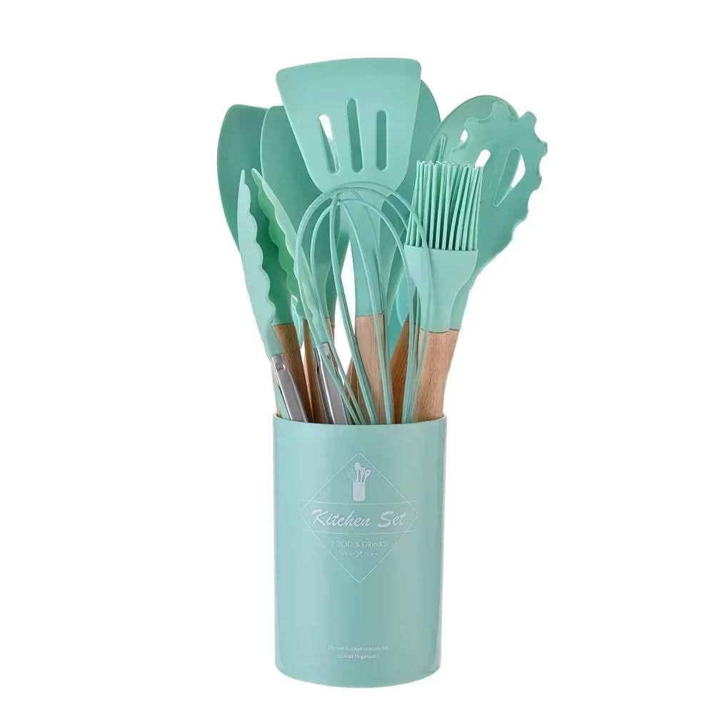12-Piece Silicone Kitchen Utensils Set – Heat-Resistant Cooking Tools with Wooden Handles, Includes Non-Stick Spatulas, Spoons, Whisk, and Spoons for Everyday Use