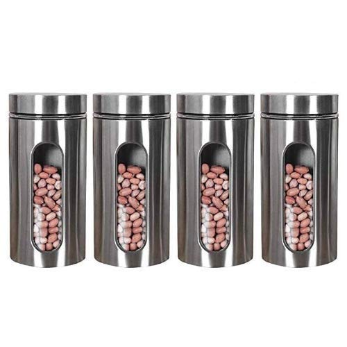 Kitchen Storage Jars Steel Body With See Through Window Jar, 1300 ml, Set of 4