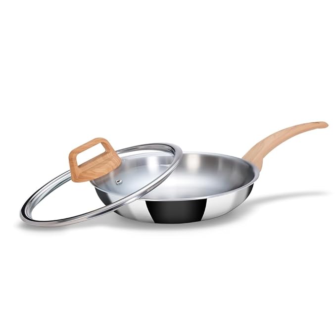 Frying Pan Stainless Steel, Wood Finished Handle, Pan With Lid, Gas & Induction Base, 24 cm, 1.8 L
