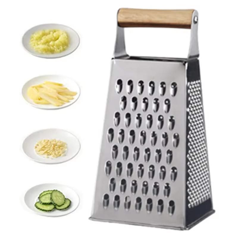 4-Sided Rectangular Stainless Steel Kitchen Grater & Zester with Handle – Versatile Food Shredder for Cheese, Potatoes, Vegetables, and More (Available in Gold, , Rose Gold, Rainbow, Silver and Wooden Handle)