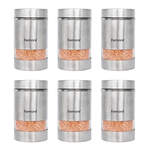 Kitchen Storage Jars Steel Body With See Through Window Jar, 1000 ml, Pack of 6 - Design 2