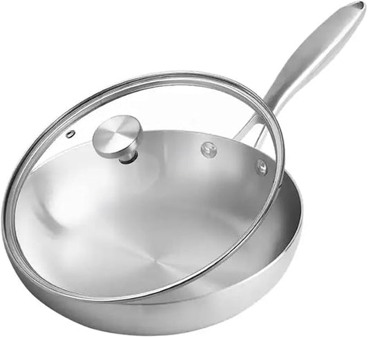304 Stainless Steel Frying Pan with Glass Lid & Long Handle – Durable Skillet for Searing, Sautéing, Stir-Frying, Simmering & Pan-Frying Daily Meals – Suitable for Gas, Electric & Induction Cooktops – Available in 22cm, 24cm, 26cm & 28cm