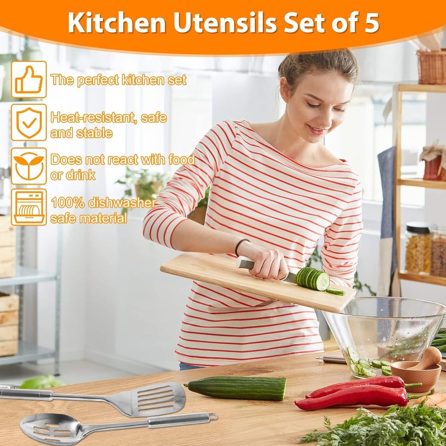 5-Piece Stainless Steel Kitchen Utensils Set – Heat-Resistant Spoons and Spatula with Hanging Hole, Non-Stick and Dishwasher Safe