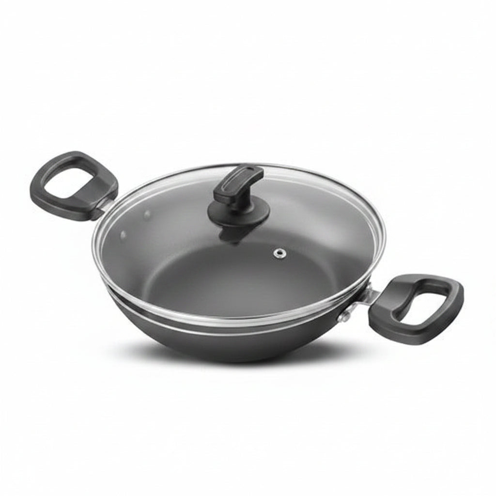 By Everyday Non-Stick Kadhai with Glass Lid Low Oil Cooking Cool Touch Handles 24cm