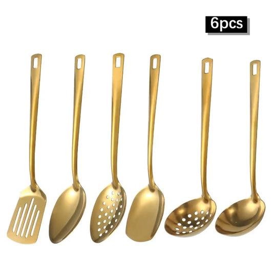 6-Piece Stainless Steel Dinnerware Set – Home Creative Cutlery with Golden Spoons and Hot Pot Cutlery, Perfect Kitchenware Set