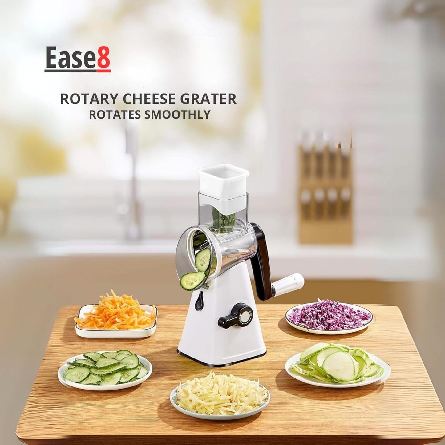 3 in 1 Rotary Cheese Grater – Multifunctional Slicer and Shredder with Easy-to-Swap Stainless Steel Interchangeable Rotating Drum Blades for Effortless Kitchen Prep Tool