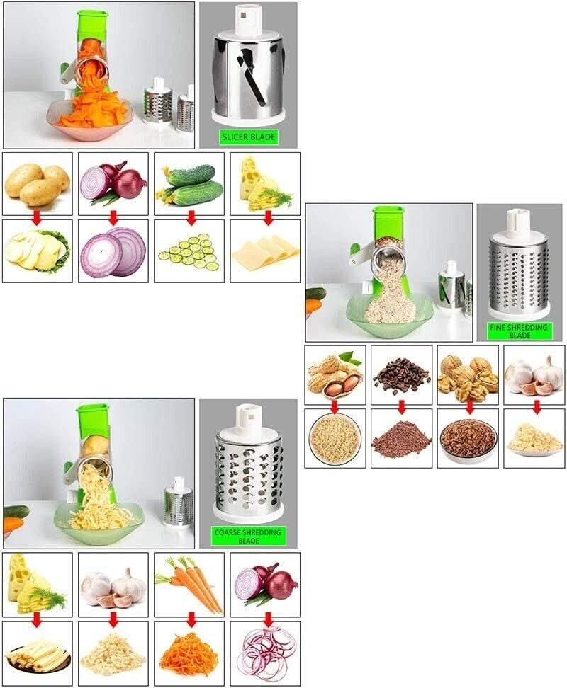 3 in 1 Rotary Cheese Grater – Multifunctional Slicer and Shredder with Easy-to-Swap Stainless Steel Interchangeable Rotating Drum Blades for Effortless Kitchen Prep Tool (Green)