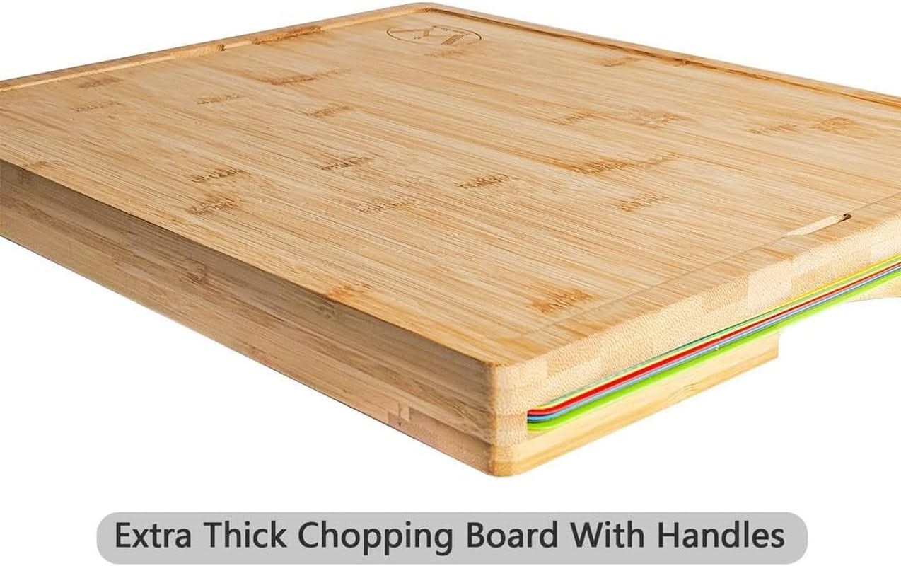 8 in 1 Extra Large Bamboo Wooden Chopping Boards Set with 7 Colour Coded PP Mats (Meat Bread Fish Cheese Dairy) Organic Antibacterial Odour Resistant Dishwasher Safe (42 X 34 X 3.5Cm)