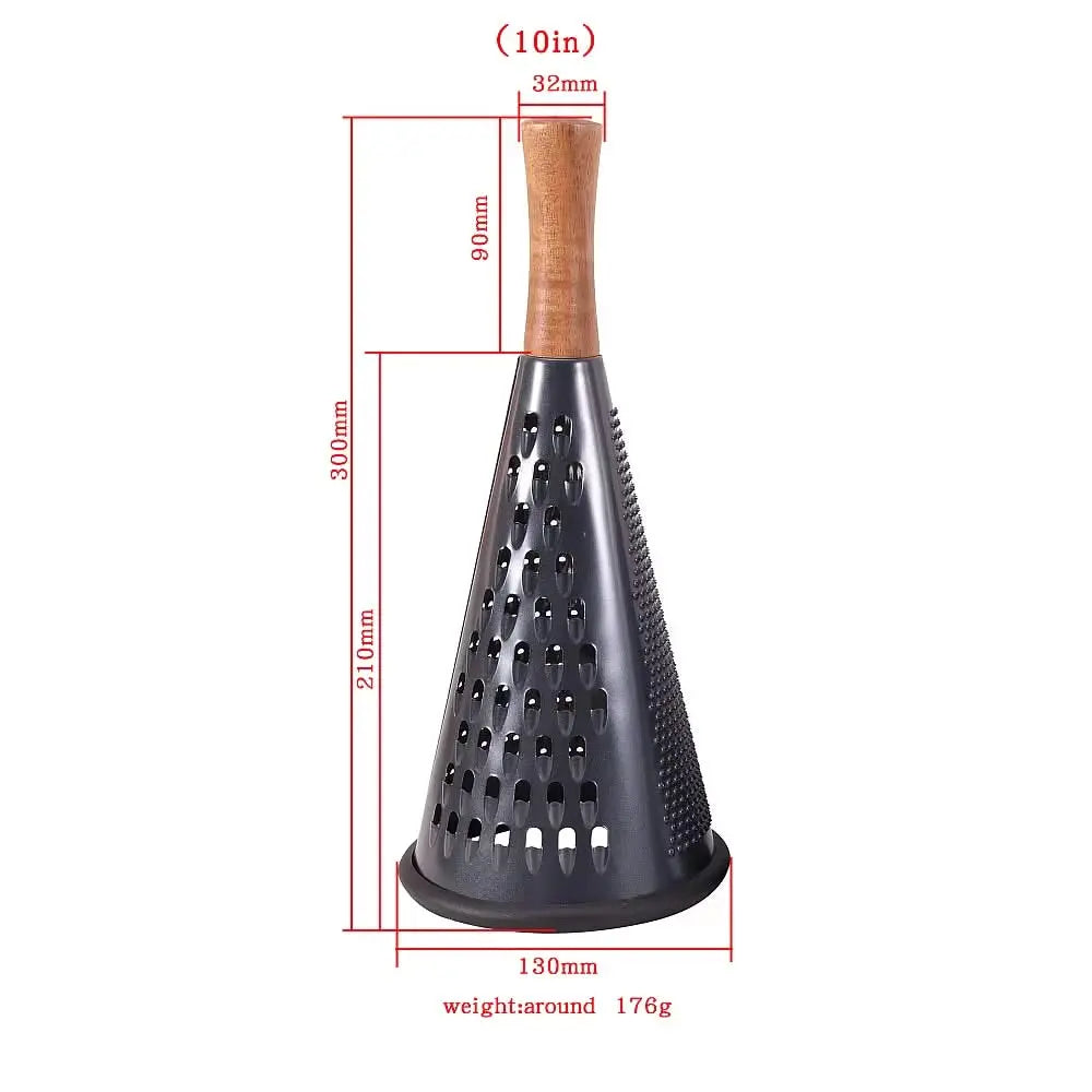 Modern Multi-functional Cone-Shaped Grater 3-Side with Wooden Handle – Ideal for Cheese, Vegetables, and Fruits in the Kitchen (Black), Available in 4 Sizes