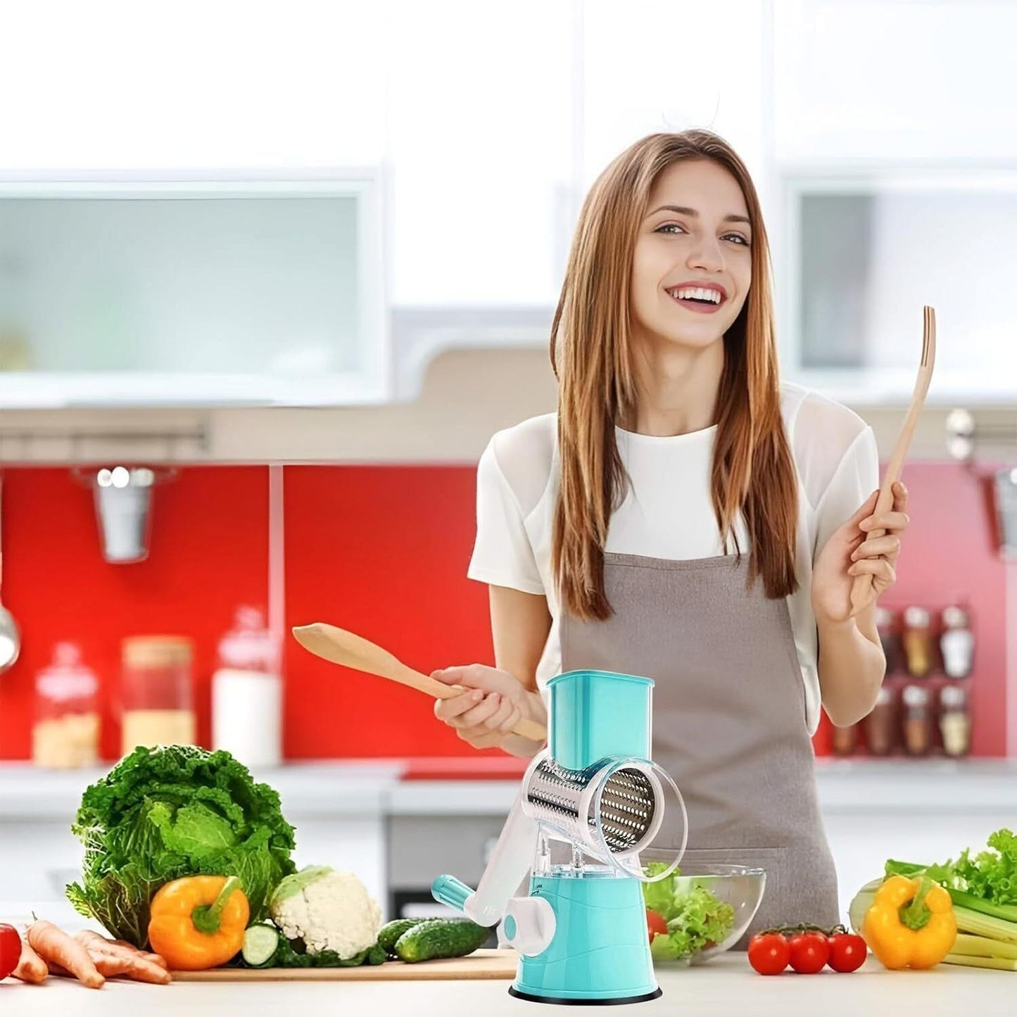 3 in 1 Rotary Cheese Grater – Multifunctional Slicer and Shredder with Easy-to-Swap Stainless Steel Interchangeable Rotating Drum Blades for Effortless Kitchen Prep Tool(Sky Blue)