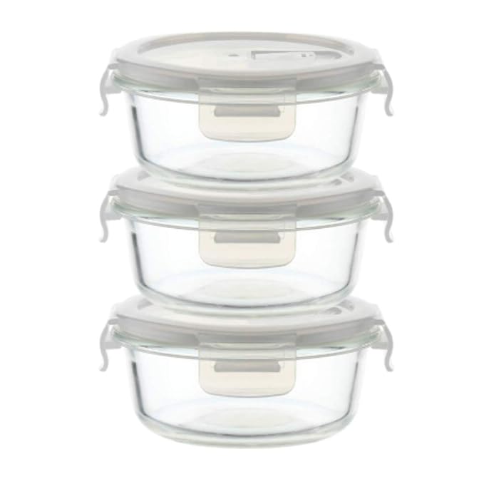 Borosilicate Glass Microwave Safe Round Food Storage Container With Air Vent Lid, 380 ml, Set of 3
