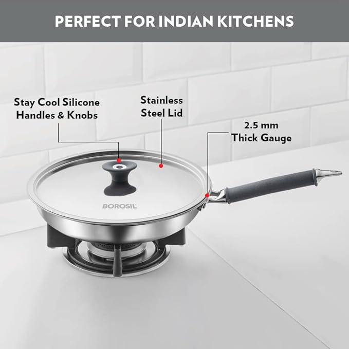 Tri-ply Stainless Fry Pan With Lid, Induction Friendly, 1.3 L, 20 cm