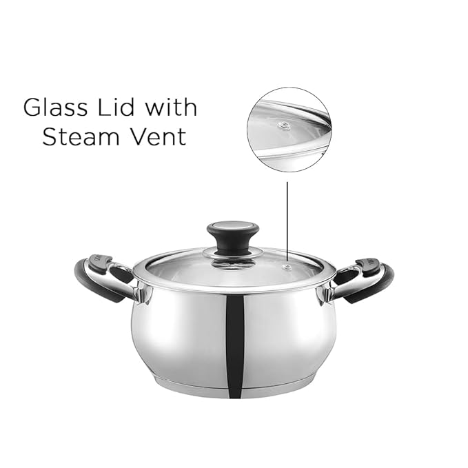 Stainless Steel Saucepot Handi with Glass Lid - 2 L, 16 cm, Stylish Durable Handles