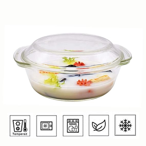 Borosilicate Serving Bowl, Glass Casserole Set, Glass Bowl With Lid, Microwave Safe Bowl Set, 2000 ml