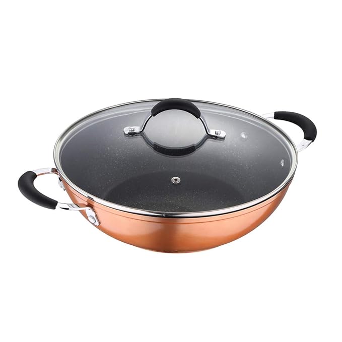Infinity Chefs Forged Aluminium Non-stick Kadai With Glass Lid, 28 cm, 3.3 L, Induction Base, Copper