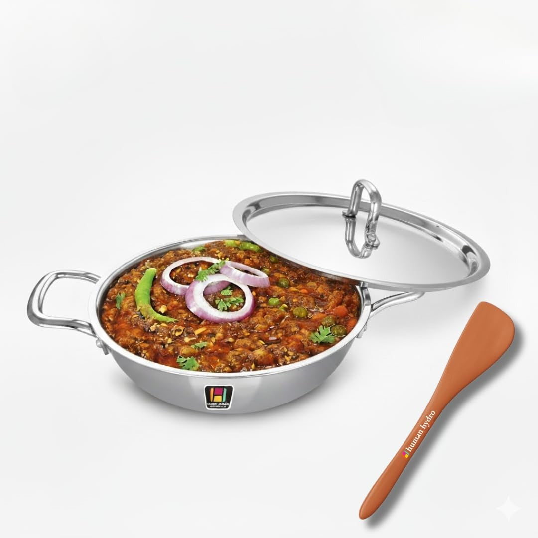 Tri-Ply Stainless Steel Kadai with SS Lid 22 cm 2.2L Induction Gas Heavy-Duty Deep Frying