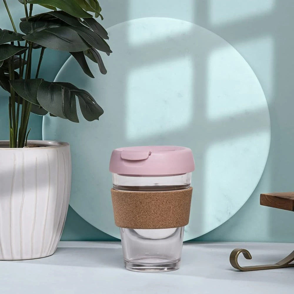 350 ml Reusable Glass Travel Cup with Cork Sleeve, Eco-Friendly, BPA Free