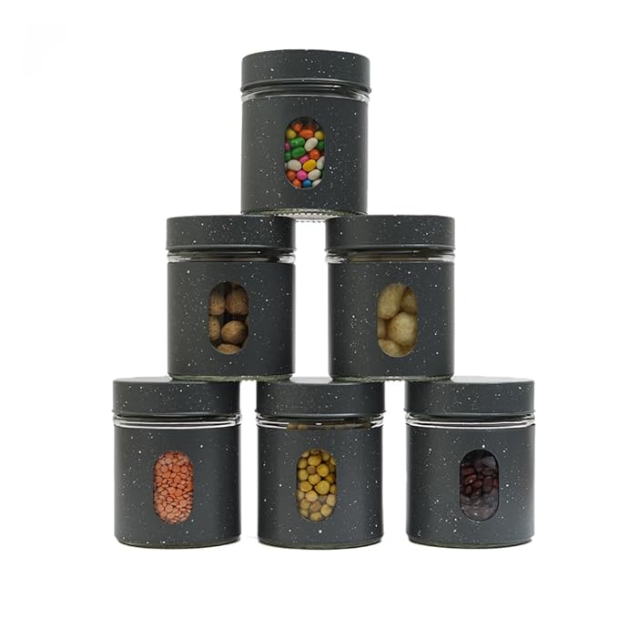 Carbon Steel Jar for Kitchen Storage With Clear Glass Window and Carbon Steel Lid, 300 ml, 6 Pieces Set
