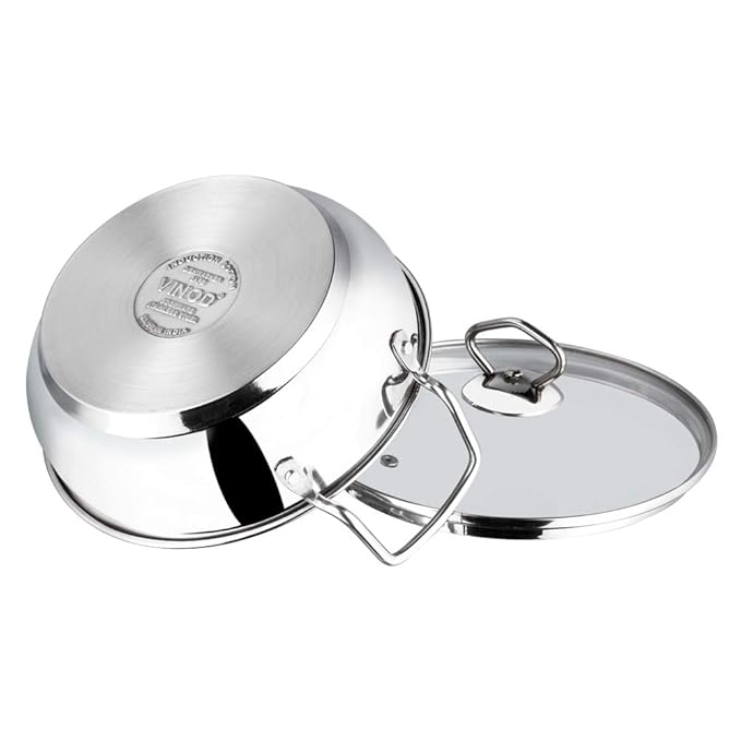 Stainless Steel Kadhai with Glass Lid - 1.4 L, 18 cm, Extra Thick, SAS Heavy Bottom, Kadai for Cooking