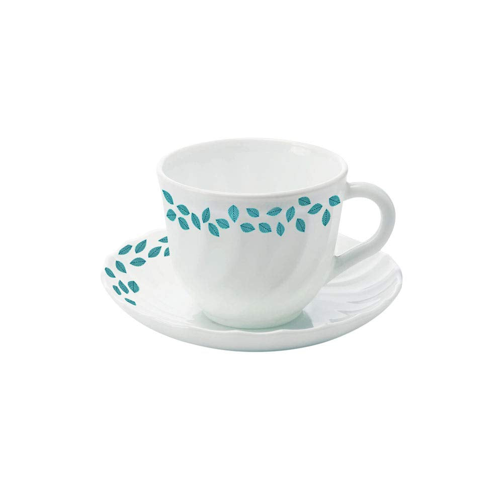 Blue Leaves Opalware Cup and Saucer Set of 12 Pcs, Tea/coffee Cups, 220 ml Each