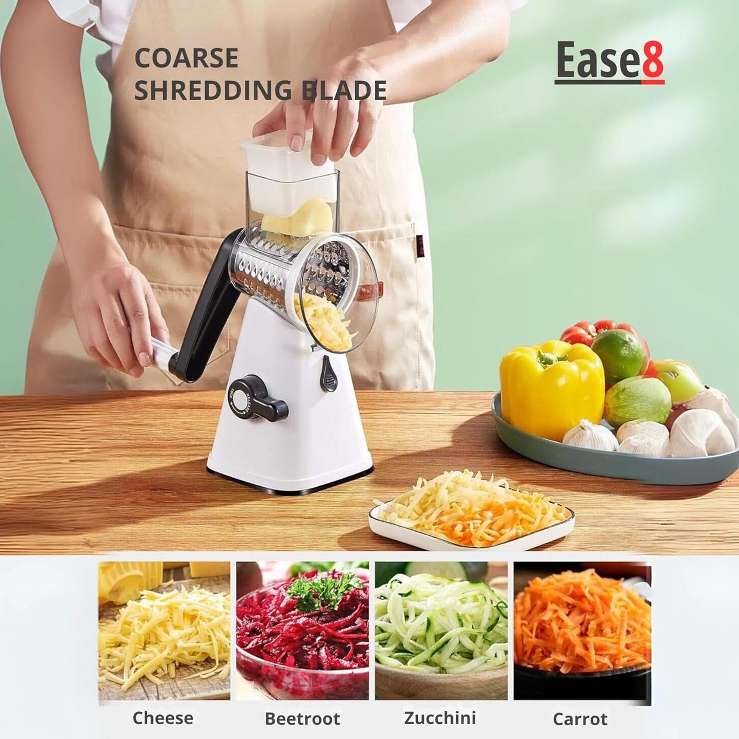 3 in 1 Rotary Cheese Grater – Multifunctional Slicer and Shredder with Easy-to-Swap Stainless Steel Interchangeable Rotating Drum Blades for Effortless Kitchen Prep Tool