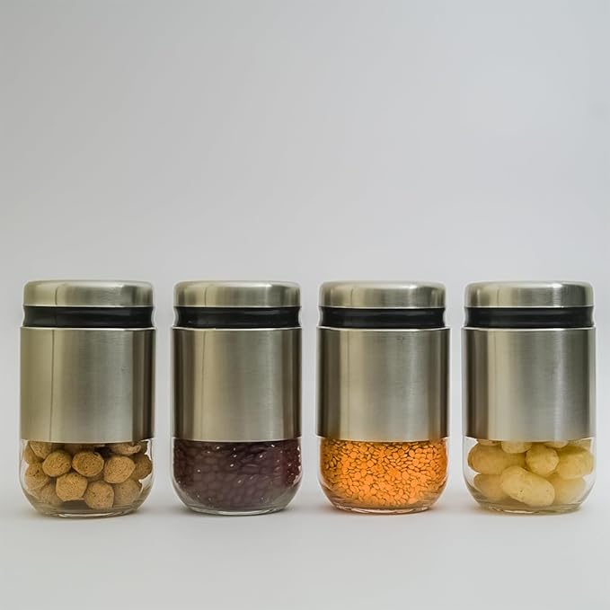 Kitchen Storage Jars Steel Body With See Through Bottom Jar, 550 ml, Pack of 4