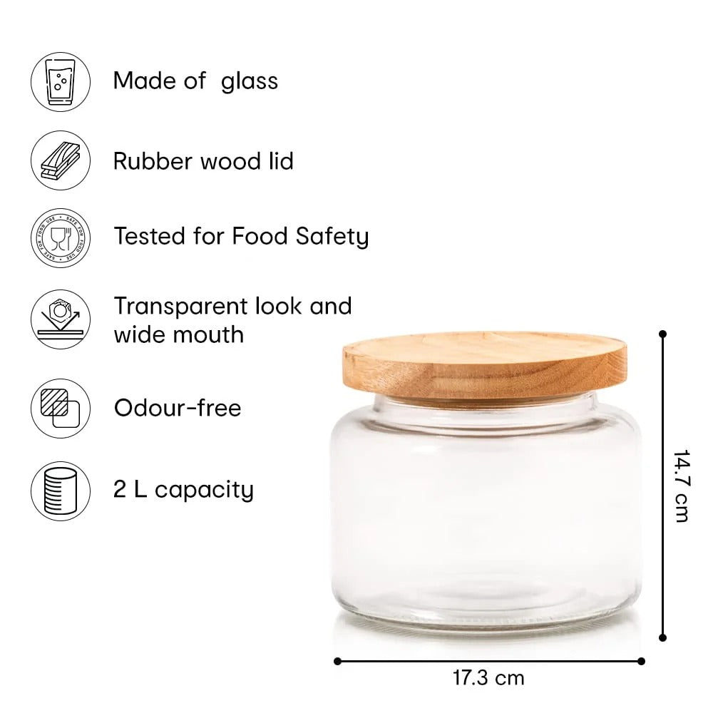 2L Borosilicate Glass Jar for Kitchen, Airtight, Rubberwood Lid, Set of 1