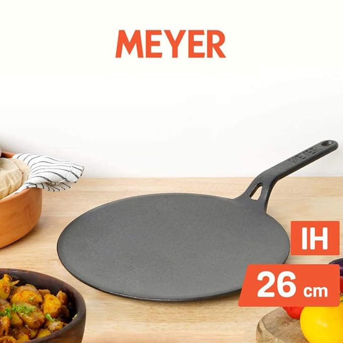 Pre-Seasoned Cast Iron Roti Tawa Pan with Stick Handle 26 cm Black
