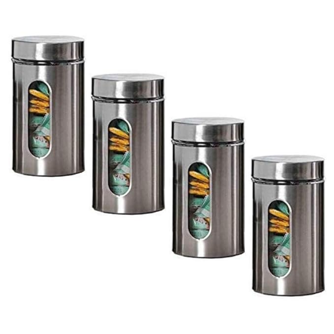 Kitchen Storage Jars Steel Body With See Through Window Jar, 1000 ml, Pack of 4