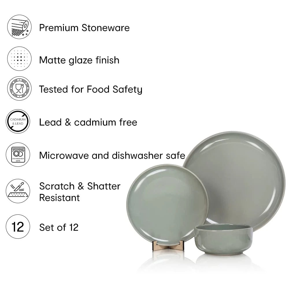 Stoneware 12 Piece Dinner Set Sage Green Glazed 4 Dinner Plates 4 Side Plates 4 Bowls Microwave Dishwasher