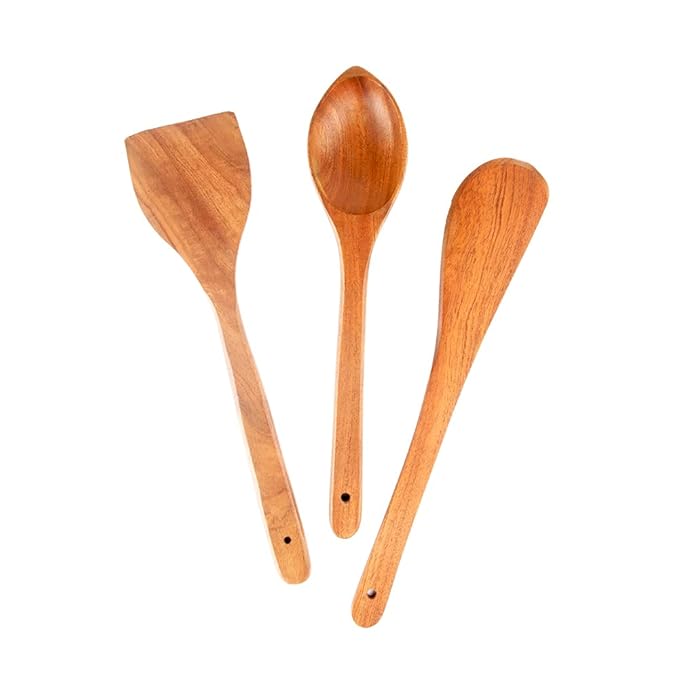Organic Neem Wood Cooking Spoons, 100% Organic, for Cooking & Serving, Set of 3