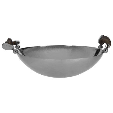 Silver Hammered Bowl with Black Horn-Style Handles