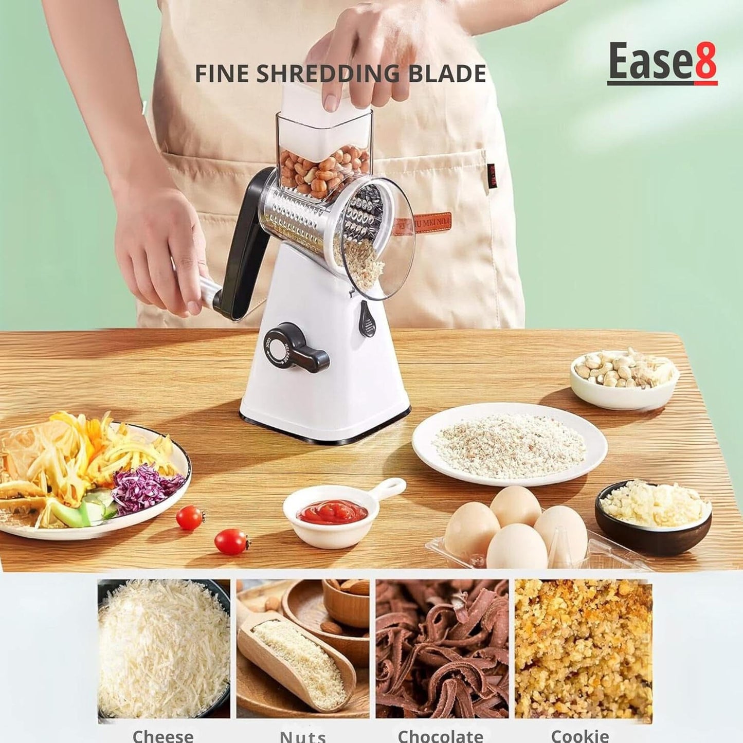 3 in 1 Rotary Cheese Grater – Multifunctional Slicer and Shredder with Easy-to-Swap Stainless Steel Interchangeable Rotating Drum Blades for Effortless Kitchen Prep Tool