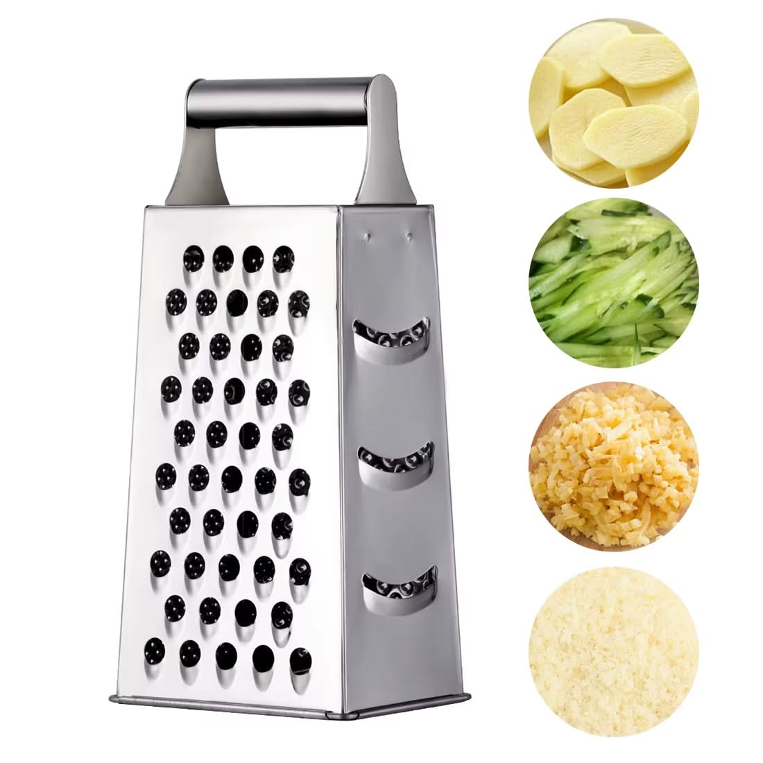 4-Sided Rectangular Stainless Steel Kitchen Grater & Zester with Handle – Versatile Food Shredder for Cheese, Potatoes, Vegetables, and More (Available in Gold, Orange, Rose Gold, Rainbow, Champagne Gold and Silver)