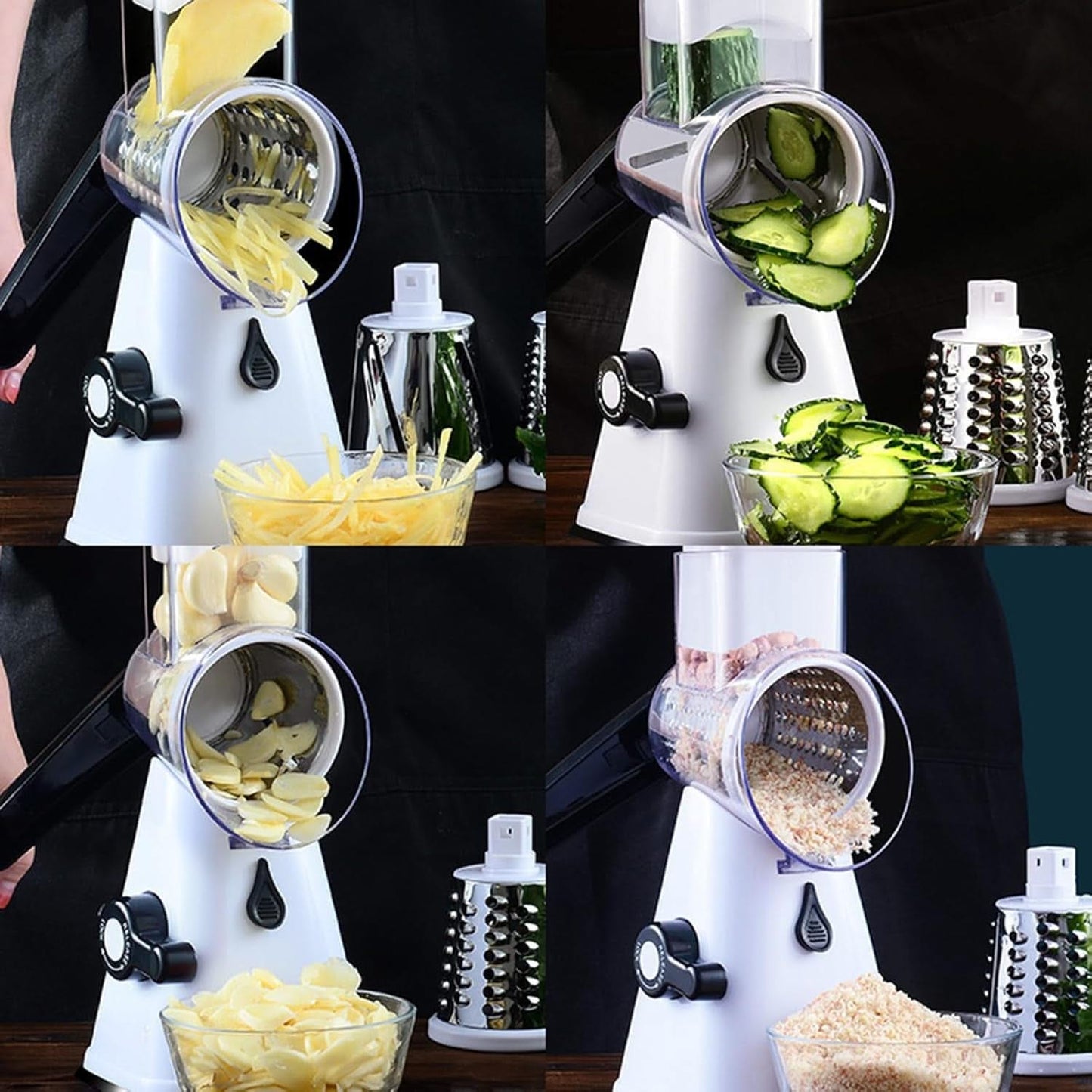 3 in 1 Rotary Cheese Grater – Multifunctional Slicer and Shredder with Easy-to-Swap Stainless Steel Interchangeable Rotating Drum Blades for Effortless Kitchen Prep Tool