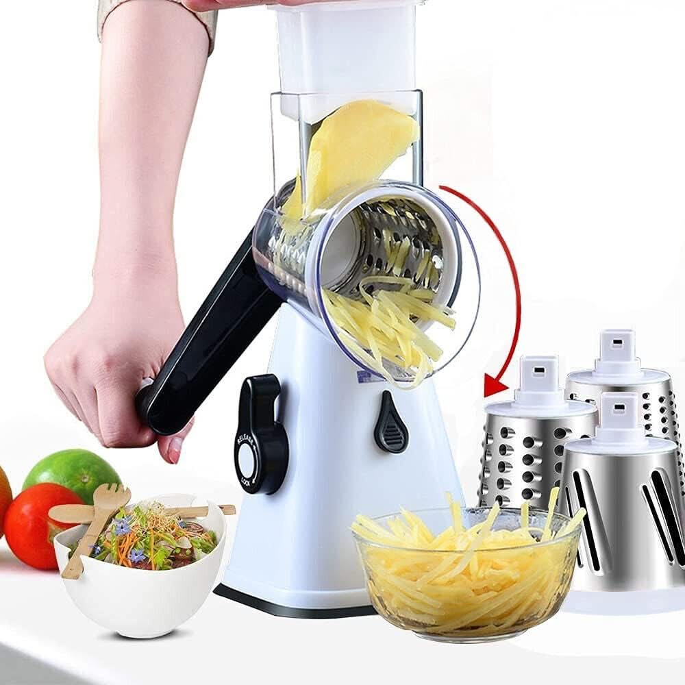 3 in 1 Rotary Cheese Grater – Multifunctional Slicer and Shredder with Easy-to-Swap Stainless Steel Interchangeable Rotating Drum Blades for Effortless Kitchen Prep Tool
