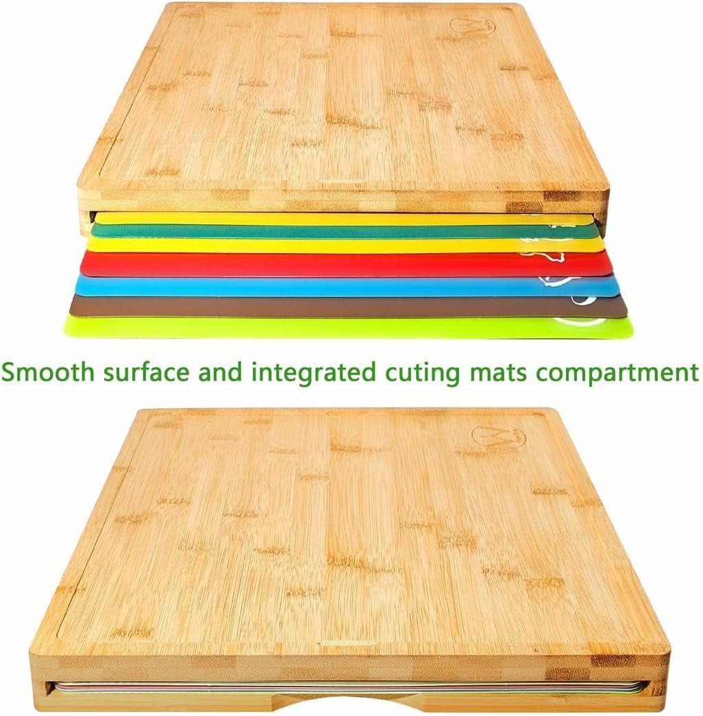8 in 1 Extra Large Bamboo Wooden Chopping Boards Set with 7 Colour Coded PP Mats (Meat Bread Fish Cheese Dairy) Organic Antibacterial Odour Resistant Dishwasher Safe (42 X 34 X 3.5Cm)