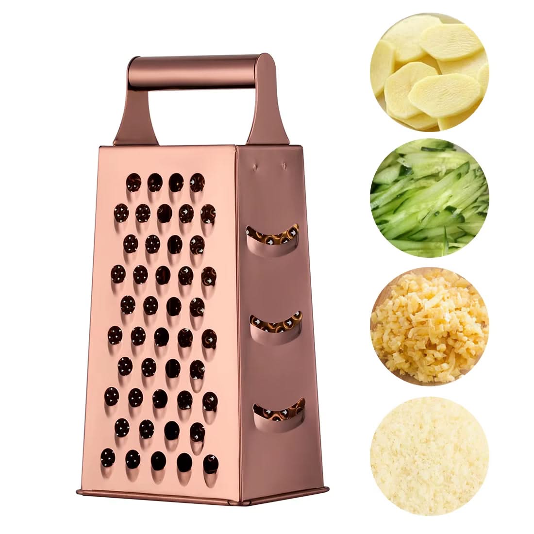 4-Sided Rectangular Stainless Steel Kitchen Grater & Zester with Handle – Versatile Food Shredder for Cheese, Potatoes, Vegetables, and More (Available in Gold, Orange, Rose Gold, Rainbow, Champagne Gold and Silver)