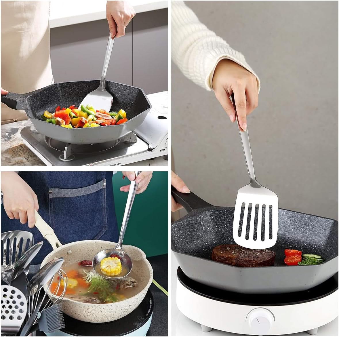 4-Piece Stainless Steel Kitchen Utensils Set – Includes Metal Spatula, Kitchen Skimmer, Soup Ladle, and Essential Cooking Tools