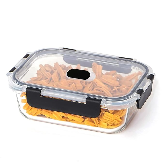Borosilicate Rectangle Microwave Oven Safe Glass Container With Dectahable & Break Free Lid, Black Color