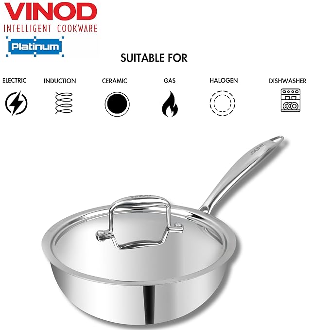 Triply Stainless Steel Frypan - 22 cm, Deep Skillet Pan with Lid, Rivetted Study Handle