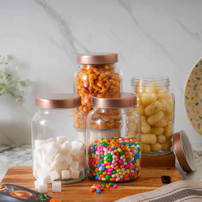 Kitchen Storage Jars Clear Glass Jar With Steel Lid Air Tight Jar, 1000 ml, Pack of 1, Golden Lid