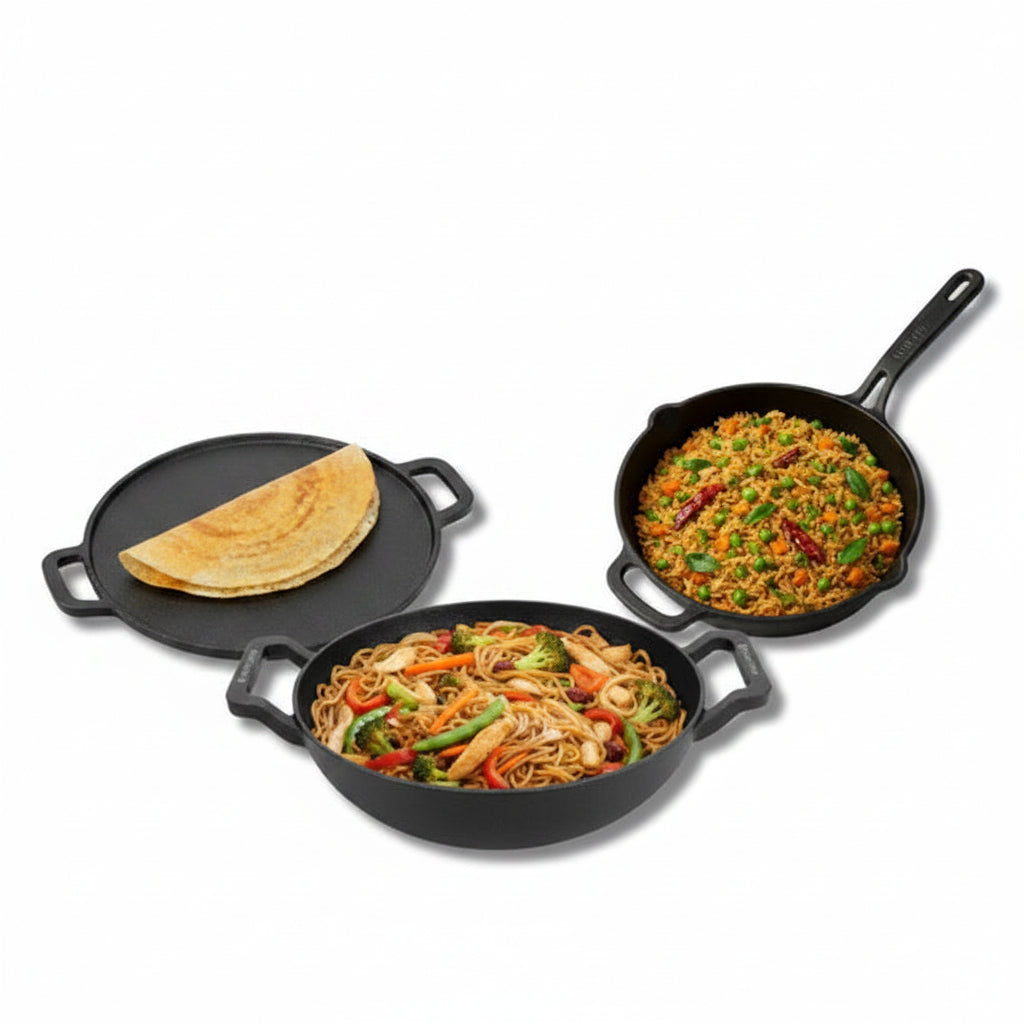 Cast Iron Cookware Set - 12-Pit Paniyaram Pan with Lid + 30 cm Dosa Tawa + 23 cm Kadai Pre-Seasoned
