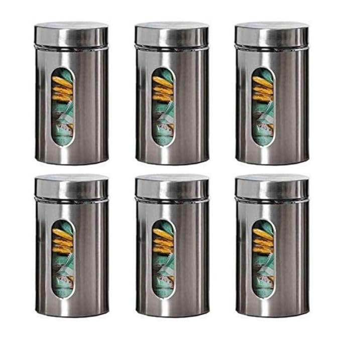 Kitchen Storage Jars Steel Body With See Through Window Jar, 1000 ml, Pack of 6