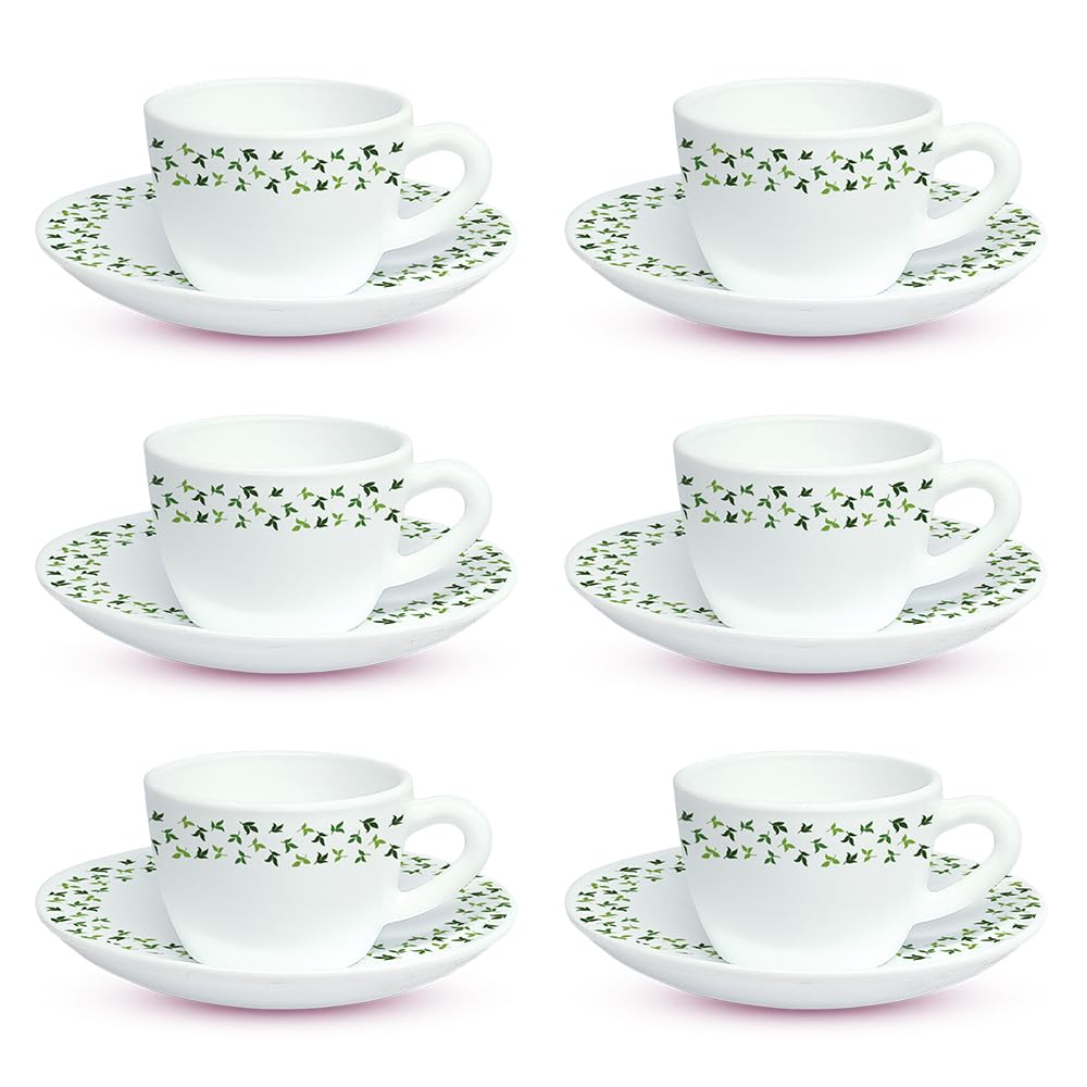 Sage Opalware Cup and Saucer Set of 12 Pcs, Tea/coffee Cups, 140 ml