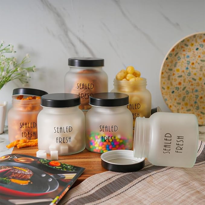Kitchen Storage Jars Frosted Glass Jar With Steel Lid Air Tight Jar, 700 ml, Pack of 4, Black Lid