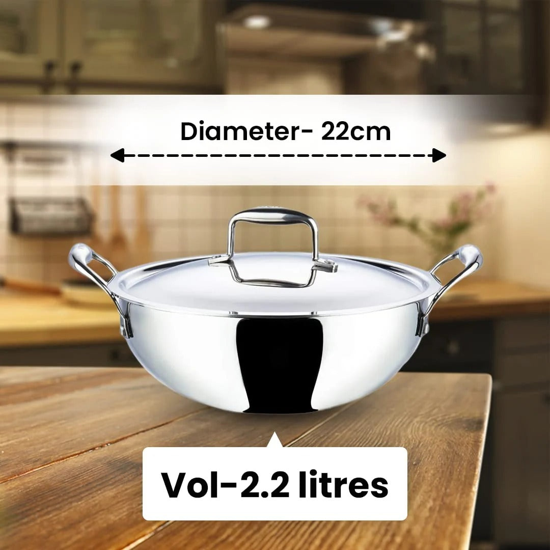 Stainless Steel Tri-Ply Kadhai 2.2L with Lid + Casserole 2L Induction Base Extra Deep