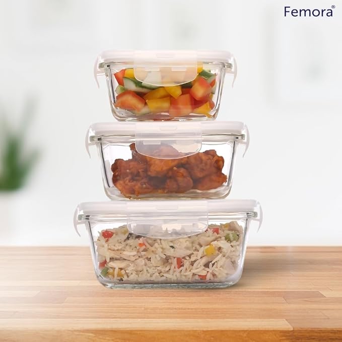 Borosilicate Rectangular Glass Food Storage Container With Air Vent Lid, Set of 3 Pieces