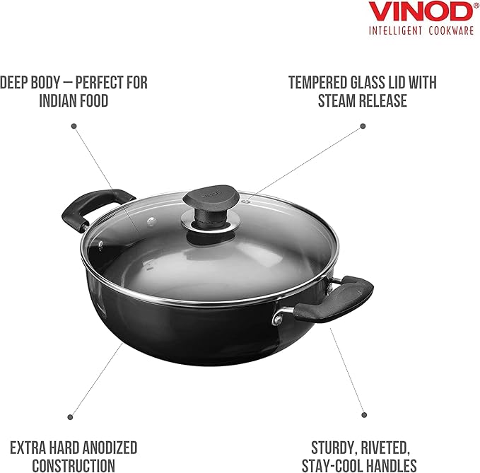 Hard Anodised Non Stick Deep Kadhai with Glass Lid - 3.1 L, 24 cm, 3.25 mm Thickness, kadai for Cooking